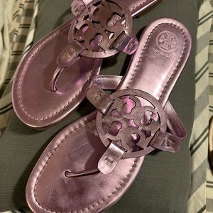 Metallic pink Tory Burch flip flops